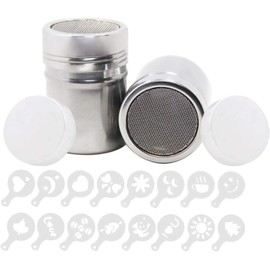 2pcs Powder Sugar Shaker, BetterJonny Stainless Steel Sifter Dredge Shaker with Lid Fine Mesh Shaker For Baking Cooking with 16 Pcs Printing Molds Stencils