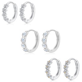 Sterling Silver Hoop Earrings for Women, 3 Pairs Silver Small Huggie Hoop Earrings Set | Hypoallergenic Cubic Zirconia Daisy Hoop Flower Earring Jewellery Gifts for Ladies Teens Girls, 10mm*2 / 12mm*1