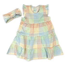 HonestBaby 2-Piece Outfit Dress & Headband Set for infant, Baby and Toddler Girls, Seersucker Plaid Fawn, 5T