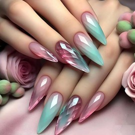 ANDGING Pink Press on Nails Almond Short Medium Glue on Nails for Women Fake Nails with Geometry Designs Aesthetic Acrylic Stick on Nails for Wedding Classy Full Cover Manicure Gel False Nails