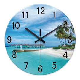 XFM Blue Beach Wall Clock 16 Inch Silent Wall Clocks Battery Operated Coastal Nautical Clock Decorative for Living Room Bedroom Bathroom