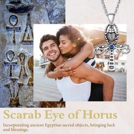 Suplight 925 Sterling Silver Scarab Beetle and Ankh Necklace Antique Key of Life Egyptian Necklace for Women Men