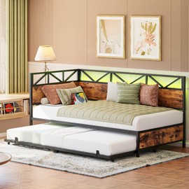 LIKIMIO Daybed with Trundle, Metal Twin Size Bed Frame with Charging Station and LED Lights, Sofa Day Bed with Strong Supports for Living Room, Bedroom and Guest Room