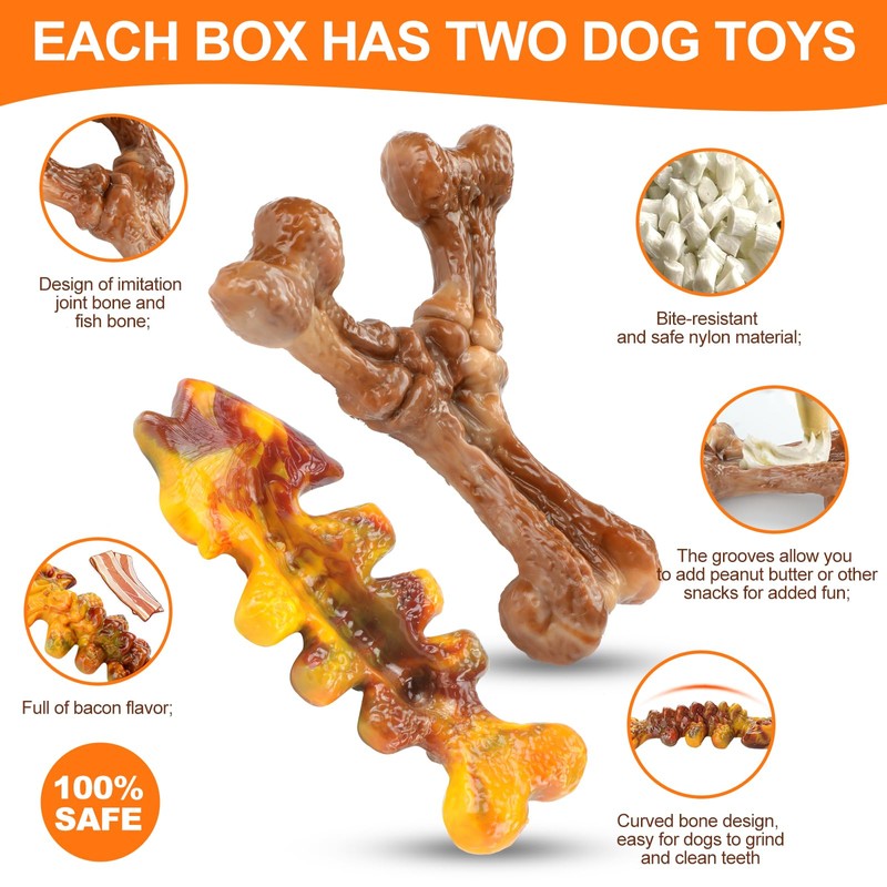 Aroocke 2-Pack Tough Large Dog Chew Toys - Bacon Flavor,