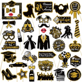 Qpout 36pcs Prom 2025 Graduation Photo Booth Props,Fancy Black Gold Silver Photography Paper Props for Grad Celebrations Party Favors Supplies Dress Prom Night Class of 2025