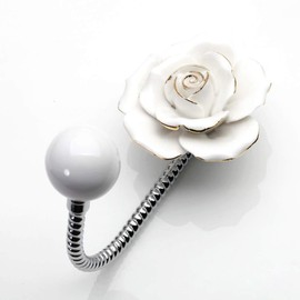 Beautiful 3D Flower Ceramic Wall Coat Hook (White with Gold - Plated Edge), Chrome Decorative Robe Hook, Scarf, Bag, Towel, Hat etc for Kitchen Bathroom Office (Rose White)