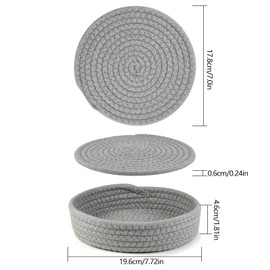 MABAHON Trivets for Hot Dishes, Trivets for Hot Pots and Pans, Coasters 6 Pcs and Storage Basket 1 Pack, Hot Pads for Kitchen Table, Cotton Thread Weave Hot Mats for Table (6pcs Grey)