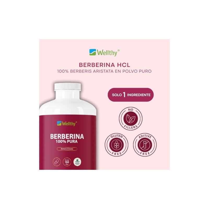 Wellthy Berberina Pura 300 Cápsulas. 100 Berberis Aristata, 500mg cu,