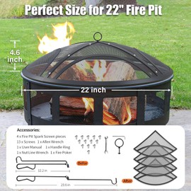 Fire Pit Spark Screen, 22 Inch Outdoor Fire Pit Screen with Handle & Poker, Heavy-Duty Steel Fire Pit Cover Round Mesh Replacement Firepit Screen for Backyard/Beach/RV Camping