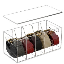 YUNEASELF Acrylic Belt Organizer Holder for Closet with Dust Cover Lid - Clear Storage Display Case for Drawer - 5 Compartments
