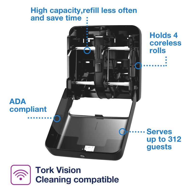 Tork OptiServe 4-Roll Coreless Toilet Paper Dispenser Black T7/T5, Vertical