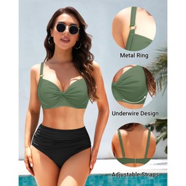Women's Underwire Bikini Top - Push Up Swimsuit Top Only Twist Front Bathing Suit 2025 Retro Swim Bra Olive Green XL