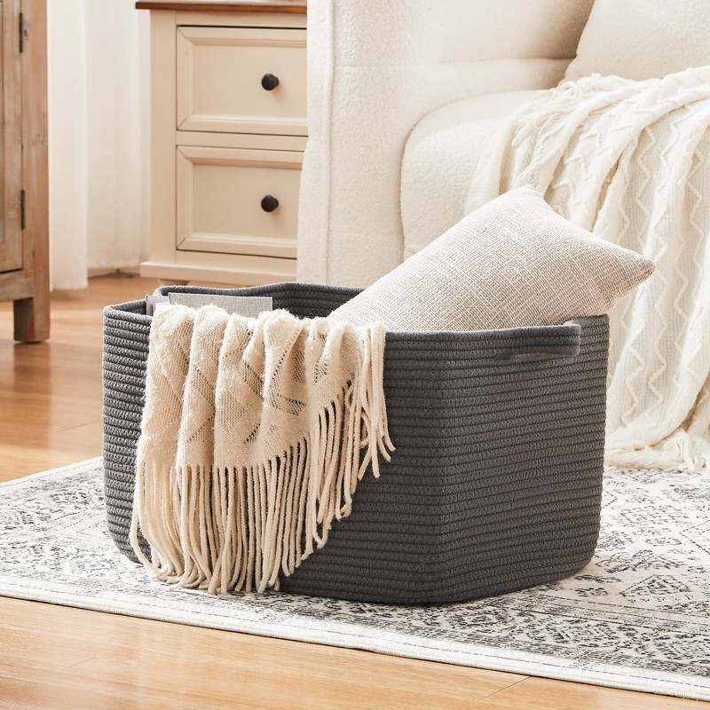 OIASKET Large Toy Basket, Rectangle Woven Rope Storage Basket for