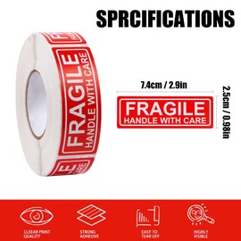 Teqooza 1" X 3" Fragile Handle with Care Warning Stickers for Shipping Moving and Packing, 500 Pcs Permanent Adhesive Labels, 1 Roll