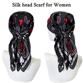 27.5'' Silk Feeling Scarf Medium Square Satin Head Neck Scarf for Women Hair Sleeping at Night，17-Black Red