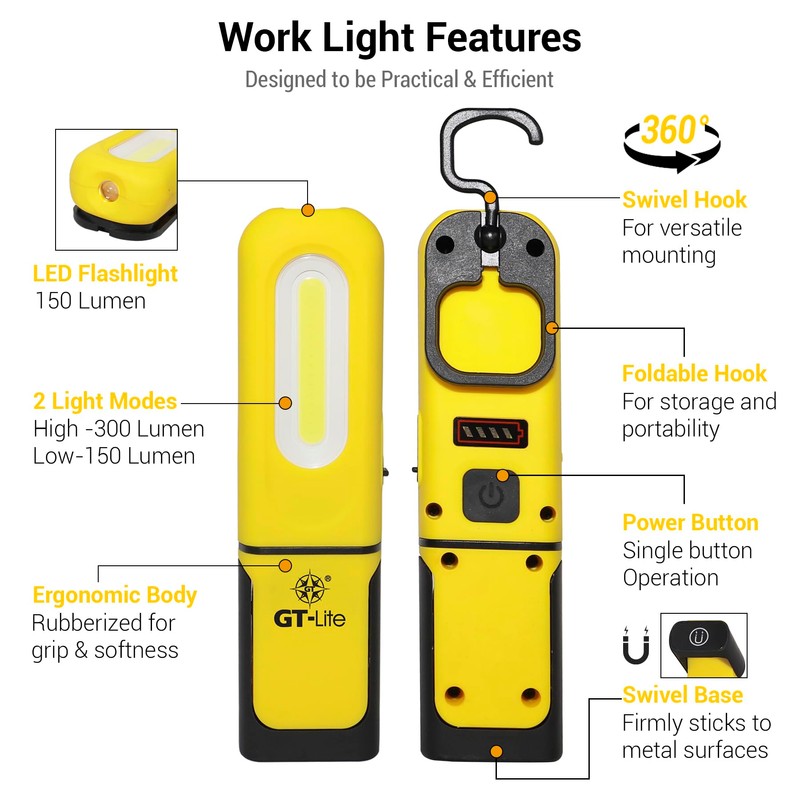 GT-Lite LED Rechargeable Work Light - 300 Lumen Flashlight, 6ft