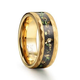 Zillaly 8mm Men's Tungsten Carbide Ring Gold/Black Hammered Meteorite Shavings Gold Foil Inlay Galaxy Nebula Green Opal Engagement Wedding Ring Matte Finish Comfortable Fit