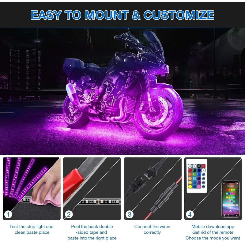 NBWDY 8pc Bluetooth RGB LED Car Motorcycle Glow Lights Flexible