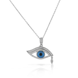 My Daily Styles 925 Sterling Silver White Clear CZ Evil Eye Tear Protection Pendant Necklace