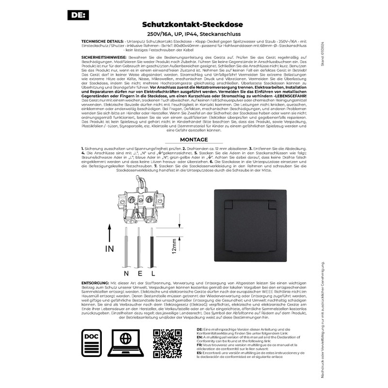 ET-1 Series Flush-Mounted Socket IP44, Plug-In Terminal, All-in-One, Series ET-1,