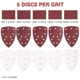 LotFancy Sandpaper Set for Triangular Sanders, Velcro Delta Sandpaper, 105 x 152 mm, Grit 40, 60, 80, 120, 240, 5, 11 Holes, Sanding Discs for Multi-Sanders, Pack of 25