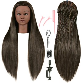 FUTAI 30 Inch Mannequin Head 80% Real Human Hair Manikin Cosmetology Doll Training Head for Hairdresser Practice Braiding Styling Coloring Curling Cutting Updos Display with Table Clamp Stand