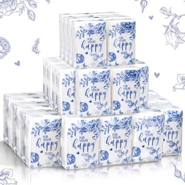 Spiareal Happy Tears Tissues Packs Facial Tissues Items for Guests Welcome Bags Pocket Paper 3 Ply Individual Mini Travel Size Bulk for Wedding Party Favor Ceremony Graduation(Blue Flower)