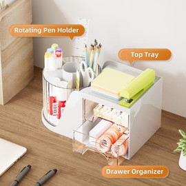 Marbrasse Desk Organiser, 360 Degree Rotating Pen Holder, Desk Organiser, Accessories with 5 Compartments, Pencil Organiser, Art Supplies, Storage Box for Home Office (White with Drawer)