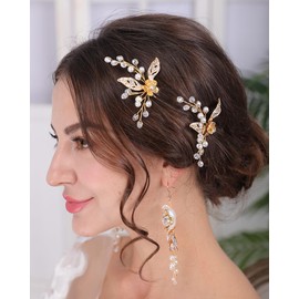 Rumtock 2pcs Gold Flower and Leaf Hair Piece Set Wedding Birdal Hair Accessories Special Occasion Jewelry