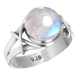 Jeweloporium 925 Silver Ring for Women Size O White Genuine Rainbow Moonstone Gemstone Solitaire Silver Ring Wedding Gift Costume Jewelry