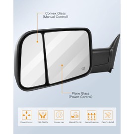 ITOPUP Towing Mirrors Fit for 1998-2001 For Dodge For Ram 1500 For Ram 2500 For Ram 3500 Truck Tow Mirrors with Power Control Heated No Turn Signal Light Black 1 Pair of Mirrors Left and Right Side