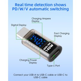 YANBORONSN PD 140W USB C Power Meter with Digital Display,USB C Male to Female Connector,Supports Voltage,Current and Power Detection,for,Phone,Laptops(2 Pack)