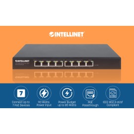 Intellinet 8-Port Gigabit Ethernet PoE+ Switch with PoE Passthrough - 85W PoE Budget, 30 W per Port, 16 Gbps Switch Fabric - 3 Yr Mfg Warranty-561679