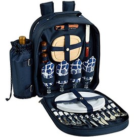 Picnic at Ascot - Deluxe Equipped 4 Person Picnic Backpack with Cooler & Insulated Wine Holder - Trellis Blue