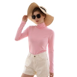Women’s Mock Turtleneck Tops Long Sleeve Lightweight Base Layer Shirts (Pink, L)