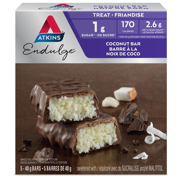 Atkins Endulge Bars - Coconut, Low Sugar, Keto Friendly, High Fibre, 1g Sugar, 2g Carbs, 5ct