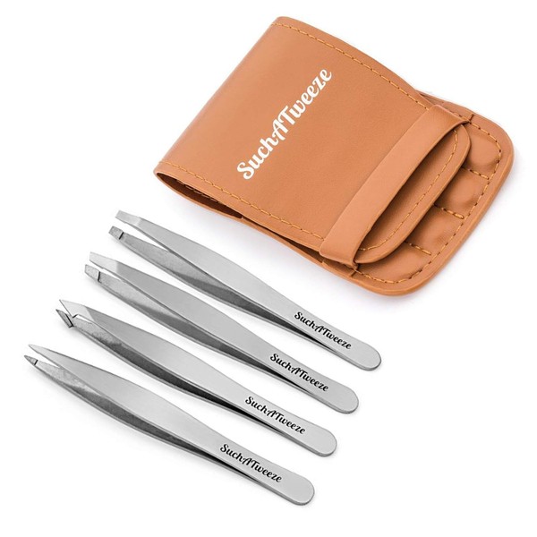 SuchATweeze Stainless Steel Slant Tweezer - Well Designed Protected Tip - Precision Plucker for Men and Women - Perfect for Ingrown and Facial hairs - 5.12” x 1.97” x 0.59“(Set of 4)