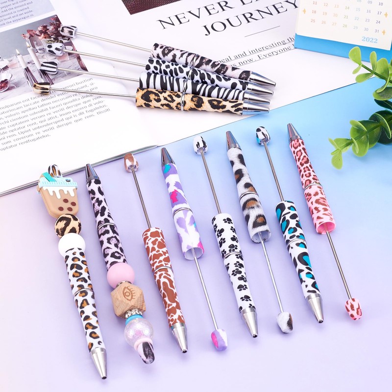 Beadthoven 12pcs Plastic Beadable Pens Set Beaded Ballpoint Pens Leopard