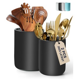 EABOSON Set of 2 Utensil Holder, 7"+5" Ceramic Kitchen Utensil Holder for Countertop, Large Cooking Utensil Crocks for Counter, Morden Utensil Organizer for Spatula, Kitchen Decor (Black)