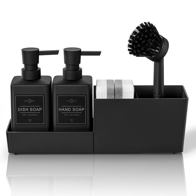 Kitchen Soap Dispenser Set for Sink Organization – 4-in-1 Black
