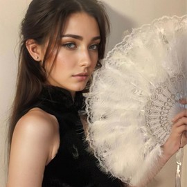 SJBAUTYO Women's Feather Fan, Folding Feather Fan in Vintage Style of the 1920s, Flapper Hand Fan for Costumes, Dance, Wedding, Party, Prom, Tea Party, White