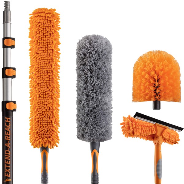30 Foot High Reach Duster Kit with 7-24 ft Extension Pole // High Ceiling Dusting and Window Cleaning Kit with Telescopic Pole // Window Washer & Squeegee, Cobweb Duster, Fan Blade and Feather Duster