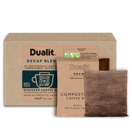 50 Premium Decaf Coffee Bags by Dualit - Compostable Coffee Bag with Recyclable Sachet For Easy, Mess Free Coffee On The Go - Individually Wrapped for Freshness - Decaf