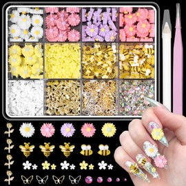 3D Flower Nail Charms, Cute Bee Daisy Flowers Charms for Acrylic Nails, Alloy Rose Butterfly Rivet Charm and AB Rhinestones Gems for Nails Art Designs Accessories