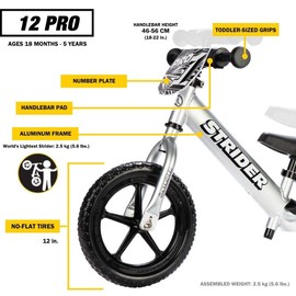 Strider 12” Pro Bike, Silver - No Pedal Balance Bicycle for Kids 18 Months to 5 Years - Includes Safety Pad, Padded Seat, Mini Grips, Flat-Free Tires & Number Plate - Tool Free