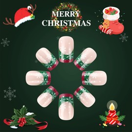 Red French Tips Press on Nails 24Pcs Medium Square Christmas Snowflake Fake Nails Glossy Green Glitter Acrylic False Nails Xmas Snowing Gel Glue on Nails Sparkly French Stick on Nail for New Year