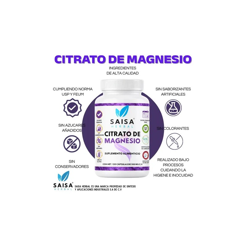 Citrato Magnesio Potasio 240 Cápsulas Saisa Herbal Suplemento Alimenticio Energía
