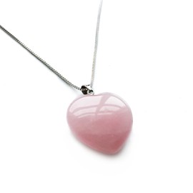 Puffy Heart Pendant Necklace, w 18" Metal Alloy Chain (Rose Quartz Puffy Heart- Medium)