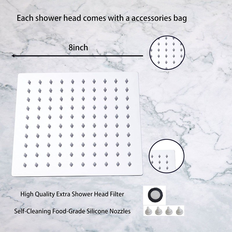 GGStudy Square 8 Inch Square Stainless Steel Shower Head -