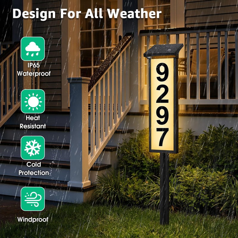 ASOMST Solar Address Sign, Lighted House Number Waterproof, 3-Color LED